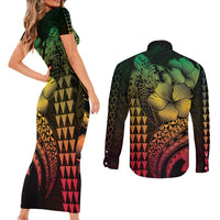 Hawaiian Sea Turtle Couples Matching Short Sleeve Bodycon Dress and Long Sleeve Button Shirt Reggae Hibiscus Flowers and Kakau Pattern LT9 - Polynesian Pride