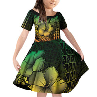 Hawaiian Sea Turtle Family Matching Off Shoulder Short Dress and Hawaiian Shirt Reggae Hibiscus Flowers and Kakau Pattern LT9 Daughter's Dress Reggae - Polynesian Pride