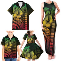 Hawaiian Sea Turtle Family Matching Tank Maxi Dress and Hawaiian Shirt Reggae Hibiscus Flowers and Kakau Pattern LT9 - Polynesian Pride