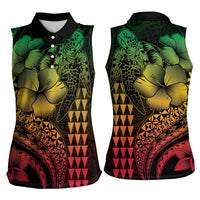 Hawaiian Sea Turtle Women Sleeveless Polo Shirt Reggae Hibiscus Flowers and Kakau Pattern LT9 - Polynesian Pride