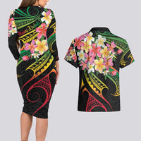 Kiribati Red Jasmine Mango Couples Matching Long Sleeve Bodycon Dress and Hawaiian Shirt Reggae Polynesian Art Vibe LT9 - Polynesian Pride