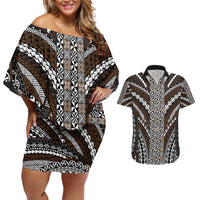 Brown Tongan Polynesian Tribal Couples Matching Off Shoulder Short Dress and Hawaiian Shirt LT9 Brown - Polynesian Pride