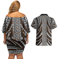 Brown Tongan Polynesian Tribal Couples Matching Off Shoulder Short Dress and Hawaiian Shirt LT9 - Polynesian Pride