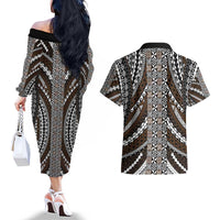 Brown Tongan Polynesian Tribal Couples Matching Off The Shoulder Long Sleeve Dress and Hawaiian Shirt LT9 - Polynesian Pride