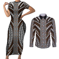 Brown Tongan Polynesian Tribal Couples Matching Short Sleeve Bodycon Dress and Long Sleeve Button Shirt LT9 Brown - Polynesian Pride