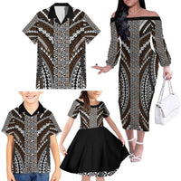 Brown Tongan Polynesian Tribal Family Matching Off The Shoulder Long Sleeve Dress and Hawaiian Shirt LT9 - Polynesian Pride