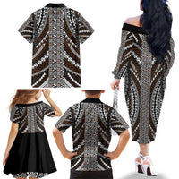 Brown Tongan Polynesian Tribal Family Matching Off The Shoulder Long Sleeve Dress and Hawaiian Shirt LT9 - Polynesian Pride