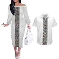 Light Gray Tongan Polynesian Tribal Couples Matching Off The Shoulder Long Sleeve Dress and Hawaiian Shirt LT9 White - Polynesian Pride