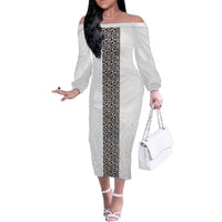 Light Gray Tongan Polynesian Tribal Family Matching Off The Shoulder Long Sleeve Dress and Hawaiian Shirt LT9 Mom's Dress White - Polynesian Pride
