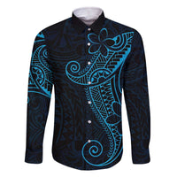 Black Blue Polynesian Tribal Family Matching Off The Shoulder Long Sleeve Dress and Hawaiian Shirt LT9 Dad's Shirt - Long Sleeve Blue - Polynesian Pride