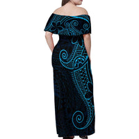 Black Blue Polynesian Tribal Family Matching Off Shoulder Maxi Dress and Hawaiian Shirt LT9 - Polynesian Pride
