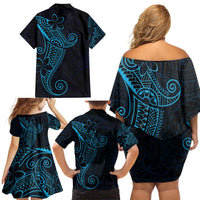 Black Blue Polynesian Tribal Family Matching Off Shoulder Short Dress and Hawaiian Shirt LT9 - Polynesian Pride