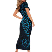Black Blue Polynesian Tribal Family Matching Short Sleeve Bodycon Dress and Hawaiian Shirt LT9 - Polynesian Pride