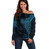 Black Blue Polynesian Tribal Off Shoulder Sweater - Polynesian Pride