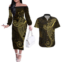 Black Gold Polynesian Tribal Couples Matching Off The Shoulder Long Sleeve Dress and Hawaiian Shirt LT9 Gold - Polynesian Pride