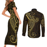Black Gold Polynesian Tribal Couples Matching Short Sleeve Bodycon Dress and Long Sleeve Button Shirt - Polynesian Pride