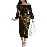 Black Gold Polynesian Tribal Family Matching Off The Shoulder Long Sleeve Dress and Hawaiian Shirt LT9 Mom's Dress Gold - Polynesian Pride