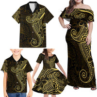 Black Gold Polynesian Tribal Family Matching Off Shoulder Maxi Dress and Hawaiian Shirt LT9 - Polynesian Pride