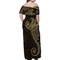 Black Gold Polynesian Tribal Family Matching Off Shoulder Maxi Dress and Hawaiian Shirt LT9 - Polynesian Pride