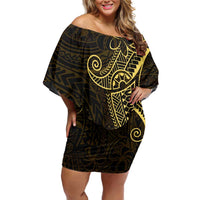 Black Gold Polynesian Tribal Family Matching Off Shoulder Short Dress and Hawaiian Shirt LT9 Mom's Dress Gold - Polynesian Pride