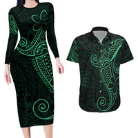 Black Green Polynesian Tribal Couples Matching Long Sleeve Bodycon Dress and Hawaiian Shirt LT9 Green - Polynesian Pride