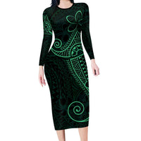 Black Green Polynesian Tribal Family Matching Long Sleeve Bodycon Dress and Hawaiian Shirt LT9 Mom's Dress Green - Polynesian Pride