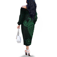 Black Green Polynesian Tribal Family Matching Off The Shoulder Long Sleeve Dress and Hawaiian Shirt LT9 - Polynesian Pride