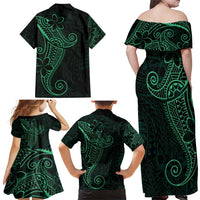 Black Green Polynesian Tribal Family Matching Off Shoulder Maxi Dress and Hawaiian Shirt LT9 - Polynesian Pride