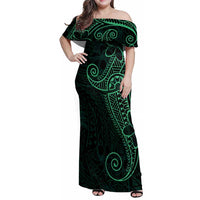 Black Green Polynesian Tribal Family Matching Off Shoulder Maxi Dress and Hawaiian Shirt LT9 Mom's Dress Green - Polynesian Pride