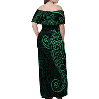 Black Green Polynesian Tribal Family Matching Off Shoulder Maxi Dress and Hawaiian Shirt LT9 - Polynesian Pride