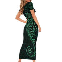 Black Green Polynesian Tribal Family Matching Short Sleeve Bodycon Dress and Hawaiian Shirt LT9 - Polynesian Pride