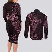 Black Pink Polynesian Tribal Couples Matching Long Sleeve Bodycon Dress and Long Sleeve Button Shirt - Polynesian Pride