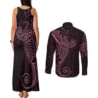 Black Pink Polynesian Tribal Couples Matching Tank Maxi Dress and Long Sleeve Button Shirt - Polynesian Pride