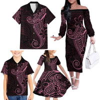 Black Pink Polynesian Tribal Family Matching Off The Shoulder Long Sleeve Dress and Hawaiian Shirt LT9 - Polynesian Pride