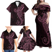 Black Pink Polynesian Tribal Family Matching Off Shoulder Maxi Dress and Hawaiian Shirt LT9 - Polynesian Pride