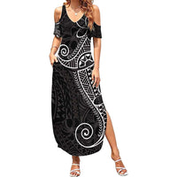 Black White Polynesian Tribal Family Matching Summer Maxi Dress and Hawaiian Shirt LT9 Mom's Dress White - Polynesian Pride