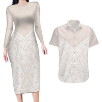 Lotu Tamaiti Tongan Polynesian Art Pattern Couples Matching Long Sleeve Bodycon Dress and Hawaiian Shirt Traditional Tribal Motifs LT9 White - Polynesian Pride