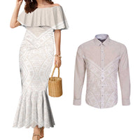 Lotu Tamaiti Tongan Polynesian Art Pattern Couples Matching Mermaid Dress and Long Sleeve Button Shirt Traditional Tribal Motifs LT9 White - Polynesian Pride