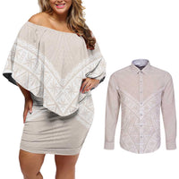 Lotu Tamaiti Tongan Polynesian Art Pattern Couples Matching Off Shoulder Short Dress and Long Sleeve Button Shirt Traditional Tribal Motifs LT9 White - Polynesian Pride