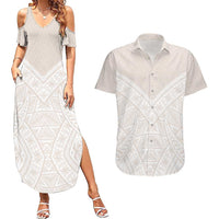 Lotu Tamaiti Tongan Polynesian Art Pattern Couples Matching Summer Maxi Dress and Hawaiian Shirt Traditional Tribal Motifs LT9 White - Polynesian Pride