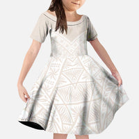 Lotu Tamaiti Tongan Polynesian Art Pattern Family Matching Off The Shoulder Long Sleeve Dress and Hawaiian Shirt Traditional Tribal Motifs LT9 Daughter's Dress White - Polynesian Pride