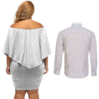 Lotu Tamaiti White Tongan Ngatu Couples Matching Off Shoulder Short Dress and Long Sleeve Button Shirt Polynesian Tribal Fonulei Pattern LT9 - Polynesian Pride