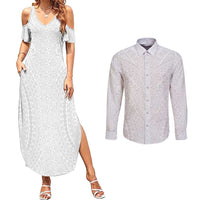 Lotu Tamaiti White Tongan Ngatu Couples Matching Summer Maxi Dress and Long Sleeve Button Shirt Polynesian Tribal Fonulei Pattern LT9 White - Polynesian Pride