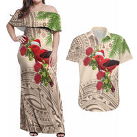 Christmas Hawaii with I'iwi Bird Couples Matching Off Shoulder Maxi Dress and Hawaiian Shirt Aloha Mele Kalikimaka - Beige Art LT9 Beige - Polynesian Pride