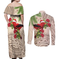 Christmas Hawaii with I'iwi Bird Couples Matching Off Shoulder Maxi Dress and Long Sleeve Button Shirt Aloha Mele Kalikimaka - Beige Art LT9 - Polynesian Pride