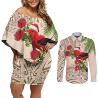 Christmas Hawaii with I'iwi Bird Couples Matching Off Shoulder Short Dress and Long Sleeve Button Shirt Aloha Mele Kalikimaka - Beige Art LT9 Beige - Polynesian Pride