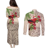 Christmas Hawaii with I'iwi Bird Couples Matching Puletasi and Long Sleeve Button Shirt Aloha Mele Kalikimaka - Beige Art LT9 - Polynesian Pride