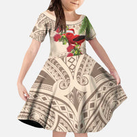 Christmas Hawaii with I'iwi Bird Family Matching Off The Shoulder Long Sleeve Dress and Hawaiian Shirt Aloha Mele Kalikimaka - Beige Art LT9 Daughter's Dress Beige - Polynesian Pride