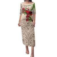 Christmas Hawaii with I'iwi Bird Family Matching Puletasi and Hawaiian Shirt Aloha Mele Kalikimaka - Beige Art LT9 Mom's Dress Beige - Polynesian Pride