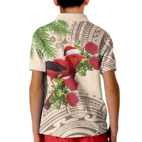 Christmas Hawaii with I'iwi Bird Kid Polo Shirt Aloha Mele Kalikimaka - Beige Art LT9 - Polynesian Pride